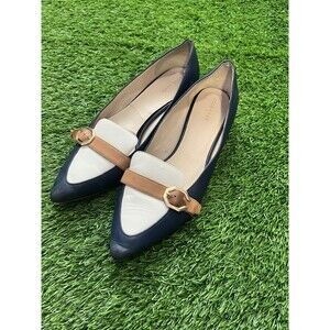 COLE HAAN Leela Skimmer Blue White  Leather Pointed Loafer Gold Buckle Size 91/2